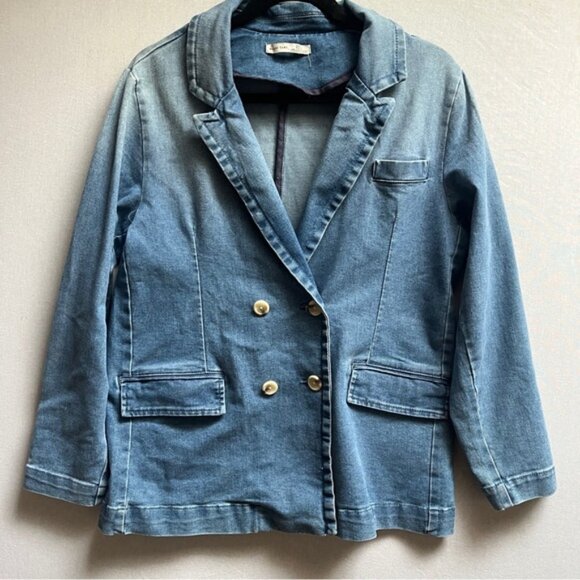 Black Tape Blue Double-Breasted Jean Denim Jacket Sz L - Picture 2 of 9